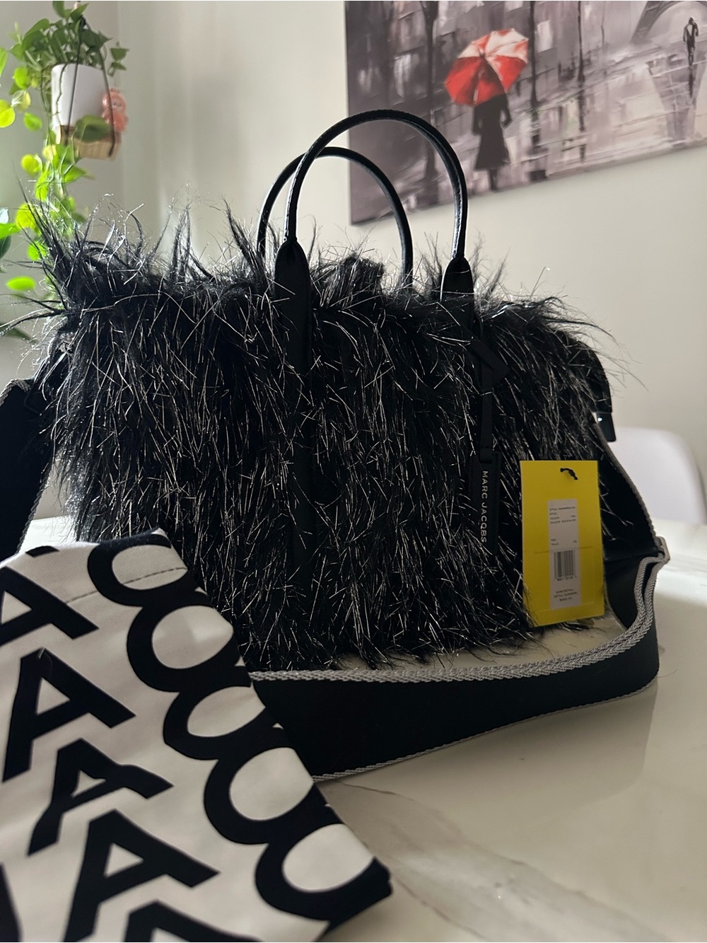 Marc Jacobs Black Faux-Fur Satchel with Metallic Thread